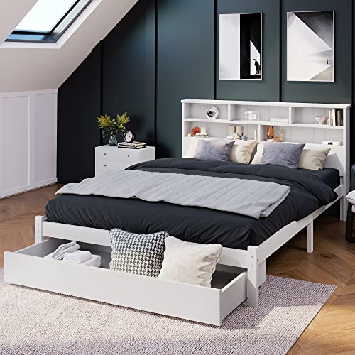 Kehun Doppelbett Holzbett 140x200, Stauraumbett mit Stauraum Schubladen und Lattenrost, Kopfteil mit Bücherregal, Bett mit Massivholz, Jugendbett Erwachsenebett, Weiß, Ohne Matratze von Kehun