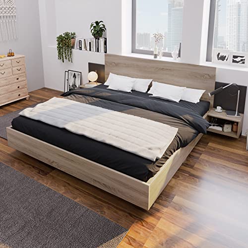 Kehun Doppelbett Holzbett 160x200 cm mit 2 Stauraum Nachtkommoden, Modernes Bett mit Lattenrost aus Holz, Ganzer Holzrahmen, Schlafzimmer Komplett, Eiche Sonoma, Ohne Matratze von Kehun