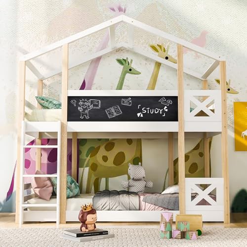 Kehun Etagenbett Kinderbett 90 x 200, Hausbett für 2 Kinder, Hochbett Holzbett mit Lattenrost und Leiter, Baumhaus Bett mit Rausfallschutz und Kinderbettgitter, Natur & Weiß, Ohne Matratze von Kehun