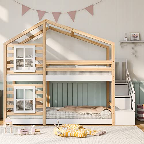 Kehun Etagenbett Kinderbett 90 x 200, Hausbett für 2 Kinder, Hochbett mit Holz Lattenrost, Holzbett mit Schublade und Fenster, Baumhaus Bett mit Rausfallschutz und Treppe, Natur & Weiß, Ohne Matratze. von Kehun