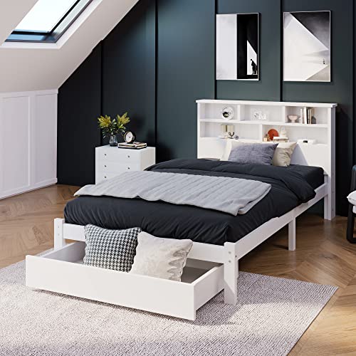 Kehun Kindegbett Holzbett 90x200, Stauraumbett mit Stauraum Schubladen und Lattenrost, Kopfteil mit Bücherregal, Bett mit Massivholz, Jugendbett Erwachsenebett, Weiß, Ohne Matratze von Kehun