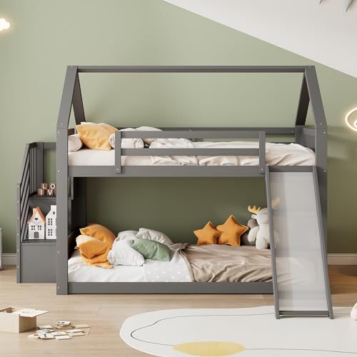 Kehun Kinderbett Etagenbett 140x200 cm für 2-4 Kinder, Doppelbett Hochbett Hausbett mit Stauraum Treppe und Rutsche, Holzbett mit Rausfallschutz und Lattenrost aus Holz, Grau, Ohne Matratze von Kehun