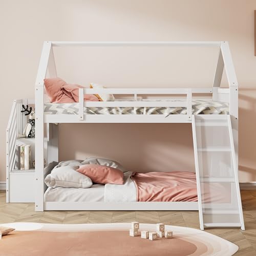 Kehun Kinderbett Etagenbett 140x200 cm für 2-4 Kinder, Doppelbett Hochbett Hausbett mit Stauraum Treppe und Rutsche, Holzbett mit Rausfallschutz und Lattenrost aus Holz, Weiß, Ohne Matratze von Kehun