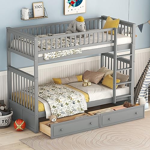 Kehun Kinderbett Etagenbett 90x200 für 2 Kinder, Hochbett Holzbett mit Stauraum Schubladen und rausfallschutz, Cabrio Funktionelle Bett mit lattenrost und Leiter, Jugendbett, Grau, ohne Matratze von Kehun