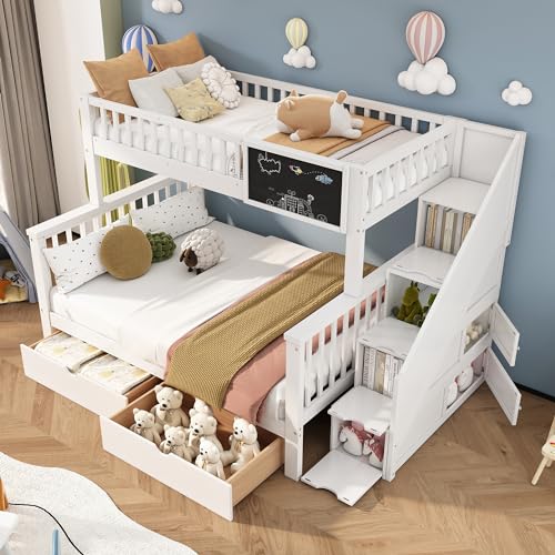 Kehun Kinderbett Etagenbett 90×200 & 140×200 mit Treppe, Hochbett Doppelbett mit Tafel und Stauraum Schubladen für 3 Kinder, Holzbett mit Rausfallschutz und Lattenrost, Weiß, Ohne Matratze von Kehun