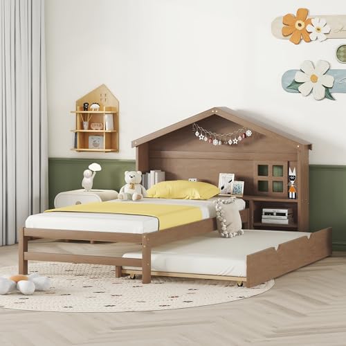 Kehun Kinderbett Holzbett 90×200 cm, Hausbett Hochbett mit Ausziehbares Rollbett für 2 Kinder, Bett mit Stauraum Regal und Lattenrost aus Holz, Bettgestell mit Bettkasten, Braun, Ohne Matratze von Kehun