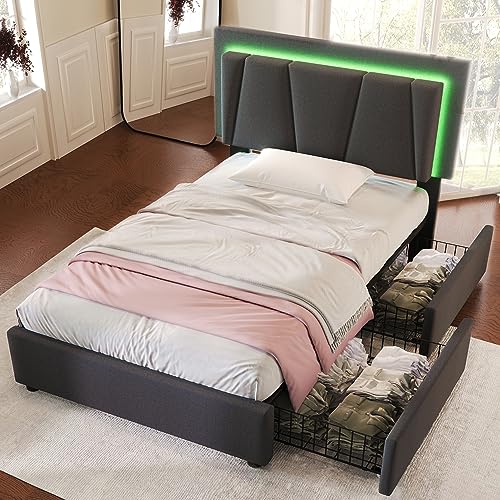 Kehun Polsterbett 90x200 cm, Einzelbett mit LED-Kopfteil, Stauraumbett 2 Stauraum Schubladen,Lattenrost aus Holz, Modern Bett Bettgestell aus Metallrahmen, Leinen, Grau, Ohne Matratze von Kehun