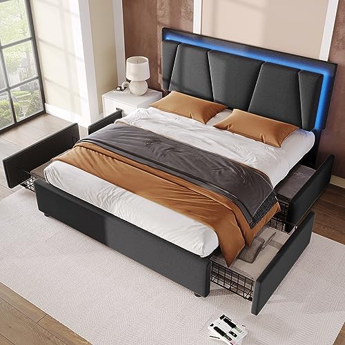 Kehun Polsterbett Doppelbett 140x200 cm mit LED-Kopfteil, Stauraumbett 4 Stauraum Schubladen,Lattenrost aus Holz, Modern Bett Bettgestell aus Metallrahmen, Leinen, Grau, Ohne Matratze von Kehun