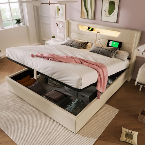 Kehun Polsterbett Doppelbett 140x200 cm mit LED-Kopfteil and USB-C, Stauraumbett mit Stauraum and Lattenrost aus Holz, Bett Bettgestell mit Hydraulisches Metallrahmen, Leinen, Beige, Ohne Matratze von Kehun