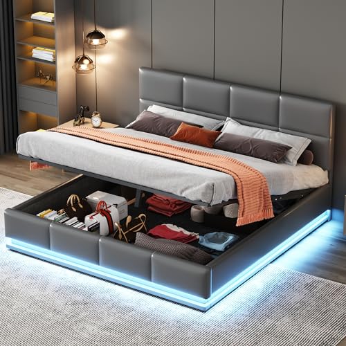 Kehun Polsterbett Doppelbett 160x200 mit LED-Bettkasten, Stauraumbett mit Lattenrost und Stauraum, Hydraulisches Metallrahmen Bett mit Polsterkopfteil, Kunstleder, Grau, Ohne Matratze von Kehun