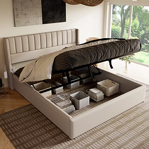 Kehun Polsterbett Doppelbett 180x200 cm mit Holz Lattenrost aus Metallrahme, Hydraulisch Bett mit Kopfteil, Moderner Stauraumbett Bettrahmen mit Groß Stauraum, Leinen, Beige, ohne Matratze Kehun Polsterbett Doppelbett 180x200 cm mit Holz Lattenrost aus Metallrahme, Hydraulisch Bett mit Kopfteil, Moderner Stauraumbett Bettrahmen mit Groß Stauraum, Leinen, Beige, ohne Matratze von Kehun