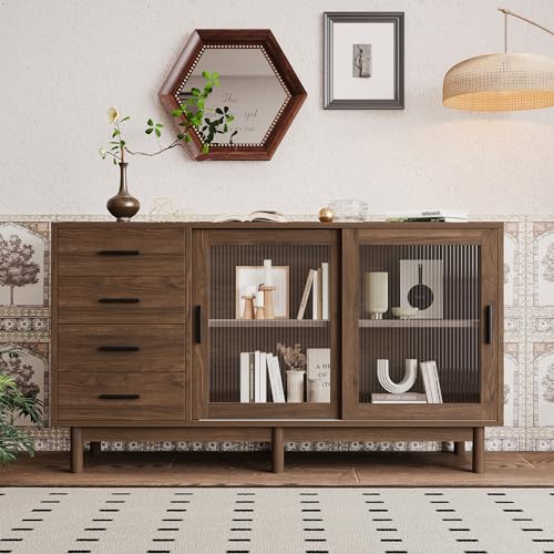 Kehun Sideboard Braun für Wohnzimmer und Esszimmer, Eckschrank Buffetschrank Küche 140x40x75,8 cm mit 2 Glas Türen und 4 Stauraum Schubladen, Glasvitrine mit Verstellbare Einlegeböden von Kehun