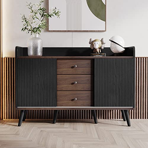 Kehun Sideboard Schwarz für Wohnzimmer und Esszimmer, Kommode Schrank Buffetschrank 117.5x40x80 cm mit 2 Türen und 3 Stauraum Schubladen, Schwarz von Kehun