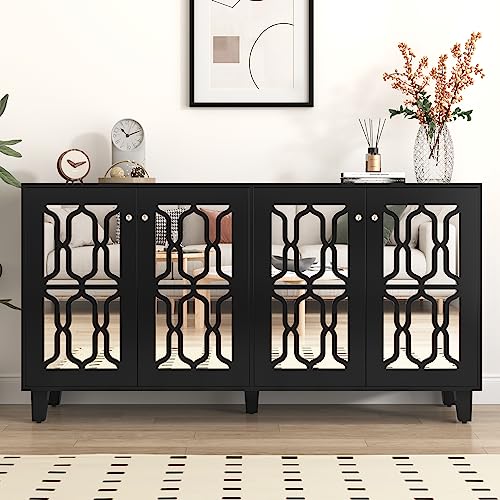 Kehun Sideboard Schwarz für Wohnzimmer und Esszimmer, Kommode Schrank Buffetschrank 160 x 40 x 84 cm mit 4 Türen und Beweglichem Laminat, Schwarz von Kehun