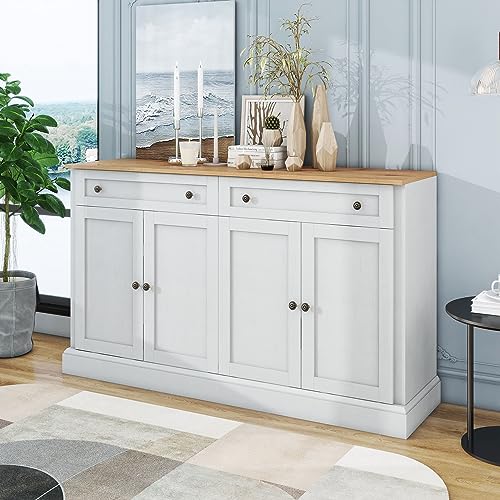 Kehun Sideboard Weiss für Wohnzimmer und Esszimmer, Kommode Schrank Buffetschrank 150 x 86 x 40 cm mit 4 Türen und 2 Stauraum Schubladen, Weiß, Naturholz von Kehun