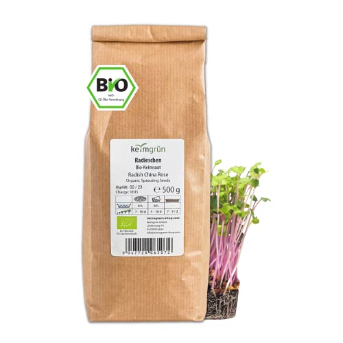 Keimgrün - Bio Radieschen Sprossen Samen - 500g Microgreen Radieschen Saatgut - Radieschensamen - Regelmäßig überprüfte Keimfähigkeit - Zum ergiebigen Anbau auf Erde oder im Sprossenglas von Keimgrün