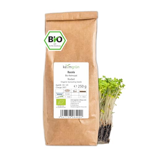 Keimgrün - Bio Rucola Microgreen Samen - 250g Rucola Saatgut - Rucolasamen - Regelmäßig überprüfte Keimfähigkeit - Zum ergiebigen Microgreen-Anbau auf Erde oder im Kressesieb von Keimgrün