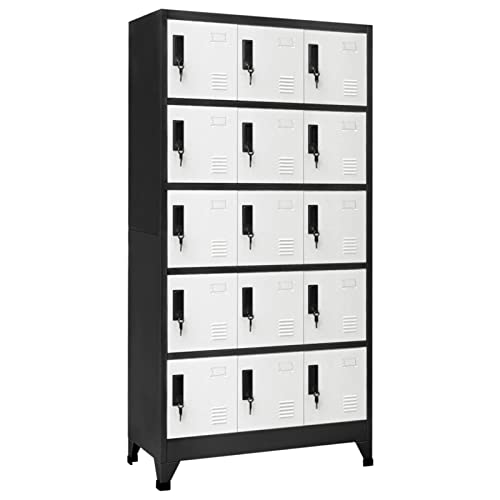 Keketa Schließfachschrank mit 15 Fächern Metallschrank Spind Umkleideschrank Lagerschrank Metallspind Kleiderschrank Mehrzweckschrank für Büro Wohnzimmer Anthrazit und Weiß 90x40x180 cm Stahl von Keketa