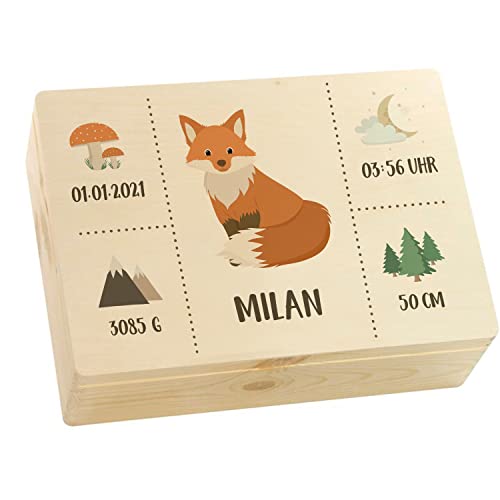 Kekskrone Personalisierte Erinnerungsbox Baby - Adventure Serie - Waldtiere | Natur, Holz FSC® - ca. 40 x 30 x 14 cm von Kekskrone