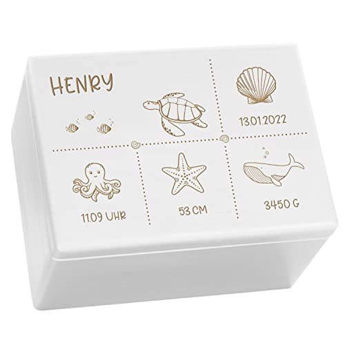 Kekskrone personalisierte Holzkiste mit Deckel - Ocean Serie - Weiß - ca. 40 x 30 x 24 cm - personalisierte Geschenke Baby - Aufbewahrungsbox Kinder - Taufgeschenke für Mädchen, FSC® von Kekskrone