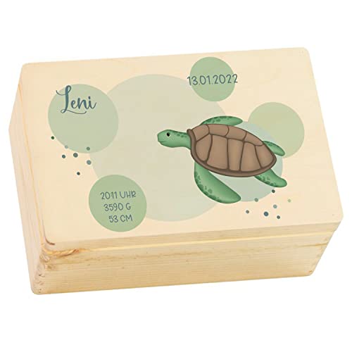 Kekskrone personalisierte Holzkiste mit Deckel - Schildkröte Motiv - Natur - ca. 30 x 20 x 14 cm - personalisierte Geschenke Baby - Aufbewahrungsbox Kinder - Taufgeschenke für Mädchen von Kekskrone