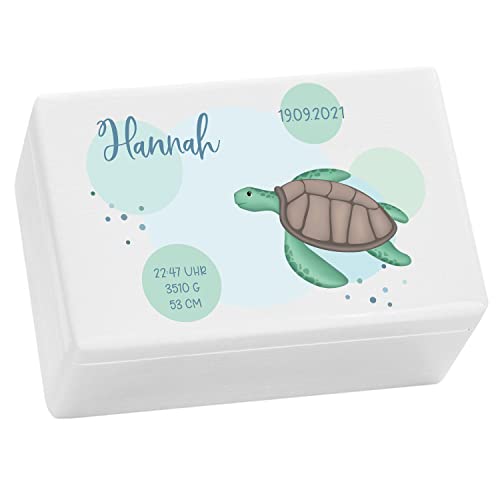 Kekskrone personalisierte Holzkiste mit Deckel - Schildkröte Motiv - Weiß - ca. 30 x 20 x 14 cm - personalisierte Geschenke Baby - Aufbewahrungsbox Kinder - Taufgeschenke für Mädchen FSC® von Kekskrone