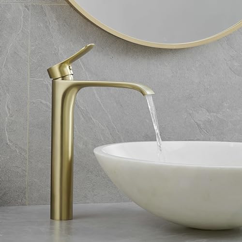 Gold Wasserhahn Bad Waschtischarmatur, Badarmatur Hoch Wasserfall Armatur für Waschbecken im Badezimmer, Messing von Kelelife