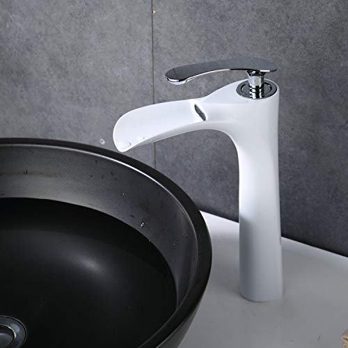 Kelelife Wasserfall Wasserhahn Bad Hohe Waschtischarmatur für Badezimmer, aus Messing, Weiß (Chrom Griff) von Kelelife