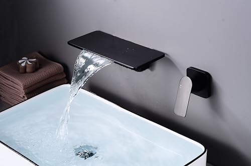 Wasserhahn Bad Wandmontage Schwarz, Wand Wasserfall Waschtischarmaturen aus Messing, für Badezimmer Waschtisch Oder Badewanne von Kelelife