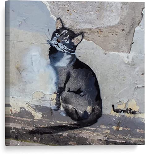 Keliour Banksy auf Leinwand, Katze an der Wand von Highbury Shop, Street Art Graffiti-Wandgemälde für Wohnzimmer, Schlafzimmer, Büro, 25 x 25 cm/9,8 "x 9,8", rahmenlos von Keliour