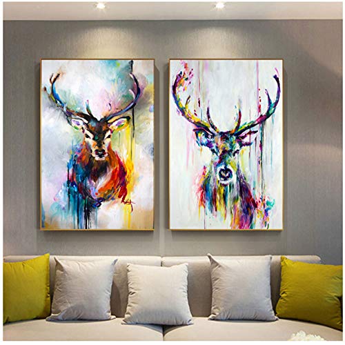 Keliour Moderne Kunst Wandbild Bunte Hirsch Bilder Tier Poster Leinwand Malerei Wandkunst für Wohnzimmer Home Dekorative Bilder -60x80cm Kein Rahmen von Keliour