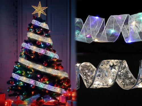 Kellegour 2 Pcs 4M/5M Weihnachtsband Lichter,Glänzende Band Lichterkette,LED-Band-Weihnachtslichter,Weihnachtsband Lichterkette,für Indoor Outdoor Weihnachtsbaumschmuck,Hochzeit,Urlaubsdeko (Silbrig) von Kellegour