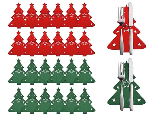 Kellegour 24 Stück Weihnachtsbaum Besteckhalter,Weihnachten Bestecktaschen,Weihnachten Besteckhalter,Besteckbeutel Gabel Messer,Weihnachten+Party+Geschirrhalter,für Party Abendessen Küche(Rot,Grün) von Kellegour