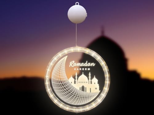 Kellegour 24cm Eid Ramadan Dekorative Fenster Lichter,LED Muslim Ramadan Lichterkette,Eid Ramadan Lichterkette LED,Mond und Schloss Islam Mubarak Dekoration,für Außenbereich,Innen Party Deko,Warmweiß von Kellegour