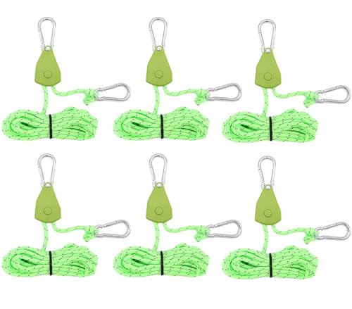 Kellegour 6 Pcs Reflektierend Abspannseile,Seil Ratsche Kleiderbügel Aufhänger,Ø4mm Seil Ratsche mit Haken,Rope Seilratsche mit Haken,für Zelten,Ventilatoren,Pflanzenleuchten(Grün,13.12ft/4M) von Kellegour