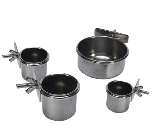 Kellegour Edelstahl Vogelnapf,4 Stück Papageien-Futterbecher,Set Edelstahl Vogel Futternapf zum Einhängen,Edelstahlnapf mit Halter Wellensittich Zubehör,Käfigschalen mit Klemmhalter für Vogel Papageie von Kellegour