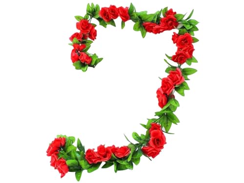 Kellegour Rosengirlande Rot,2 Stück Hängende Pflanze Rosen Girlanden,2.3m Rosen Blumenrebe,Künstliche Blumen Girlande,9 Blumen Künstliche Girlande,für Blumenwand Deko Hochzeit Garten ZäUne Party von Kellegour