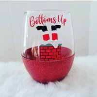 Bottoms Up Weinglas - Glitzer Weinglas-Weinbecher-Weihnachtsweinglas-Weihnachtsmann-Weinglas-Weingeschenk-Weihnachtsgeschenk-Lustige Weihnachten von KellieHCrafts