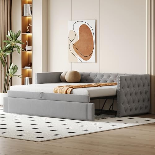 Ausziehbares 90x200cm Schlafsofa Polsterbett Klassische Vollform mit Knöpfen Mit Lattenrost Multifunktionales Gästebett Hautfreundlicher Samtstoff Hellgrau (Matratze Nicht enthalten) von Kelodan