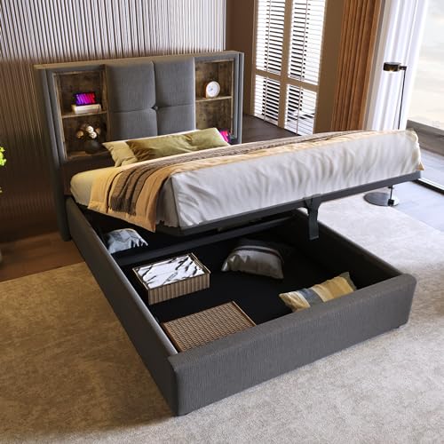 Einzelbett 90x200cm mit Kabellosem Laden USB C, Polsterbett Bettgestell mit Stauraum Lattenrost aus Holz-Grau Baumwolle (Mit Matratze) von Kelodan