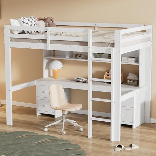 Hochbett 90x200cm, Großer Stauraum, Hohes Geländer, Stabile Treppe, WeißKinderbetten, Bett Oben, Tisch unten von Kelodan