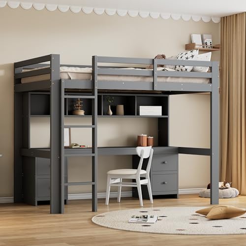 Hochbett 90x200cm, Kinderbetten, Bett Oben, Tisch unten, Großer Stauraum, Hohes Geländer, Stabile Treppe, Grau von Kelodan