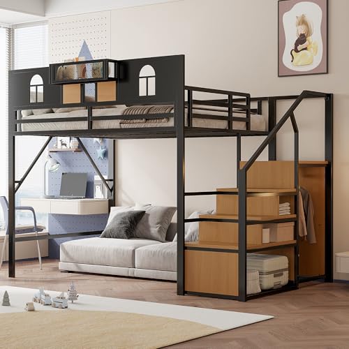 Kelodan 140x200cm Metall-Hochbett Mit Stauraumleiter Fenster Holzplatten Netzgewebe Einzigartige Erhöhte Umzäunung Ablagefläche Am Bett Stabiler Metallrahmen Schwarz von Kelodan
