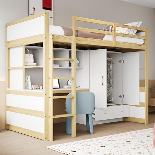 Kelodan 90x200cm Hochbett Mit Leiter Schreibtisch Stauraum Kleiderschrank Schubladen Kinderbett Jugendbett Einzelbett Holzfarbe von Kelodan