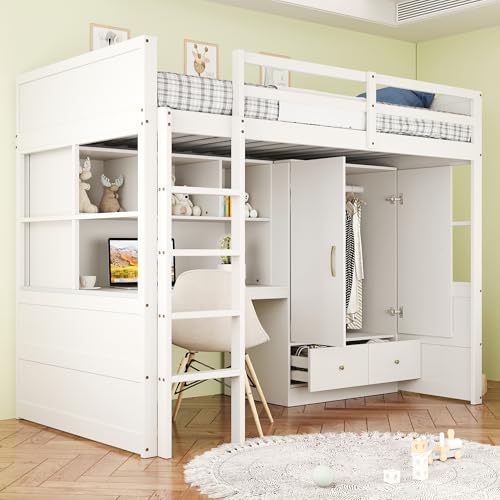 Kelodan 90x200cm Hochbett Weiß Mit Leiter, Schreibtisch mit Stauraum, Kleiderschrank und Schubladen, Kinderbett, Jugendbett, Einzelbett von Kelodan