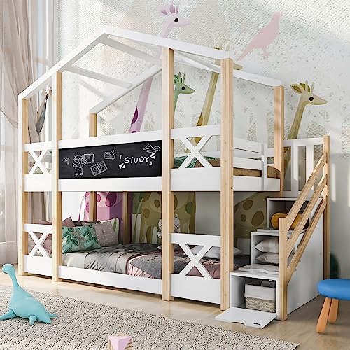Kelodan Baumhaus Kinderbett 90x200cm Hochbett mit Speicherung und Rausfallschutz, 2X Lattenrost, Natur & Weiß Kelodan Baumhaus Kinderbett 90x200cm Hochbett mit Speicherung und Rausfallschutz, 2X Lattenrost, Natur & Weiß von Kelodan