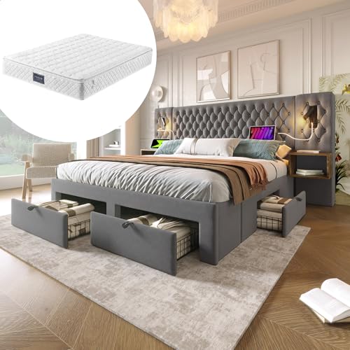 Kelodan Bettanlage 160×200cm Schlafzimmer Komplett Set Polsterbett Doppelbett mit 2 Nachttischen und 4 Schubladen Kopfteil Leselicht mit USB Ladefunktion Grau Samt (Mit Matratze) von Kelodan