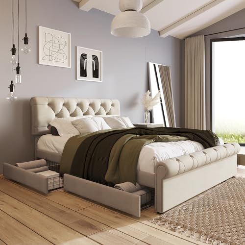 Kelodan Bettgestell 140x200cm mit 4 Schubladen Doppelbett Polsterbett Höhenverstellbarem Kopfteil Chesterfield Funktionsbett Natürlich ohne Matratze von Kelodan