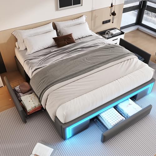 Kelodan Bettgestell 160x200 PU-Leder Mit Schubladen Bett Ohne Kopfteil Mit LED-Lichtleiste Metalllatten Plattformbett Für Moderne Schlafzimmer Grau Kelodan Bettgestell 160x200 PU-Leder Mit Schubladen Bett Ohne Kopfteil Mit LED-Lichtleiste Metalllatten Plattformbett Für Moderne Schlafzimmer Grau von Kelodan