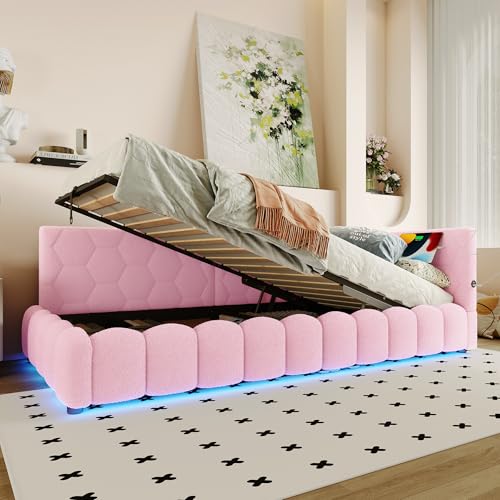Kelodan Daybett 90x200cm Tagesbett Schlafsofa Bett mit Lattenrost ohne Matratze mit LED-Lichtleiste hydraulischem Hebemechanismus USB-Anschluss Typ-C Komfortmaterial Vliesimitat Rosa von Kelodan